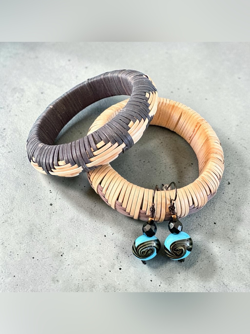 Handwoven Bangle Bracelets with Turquoise Glass Earrings